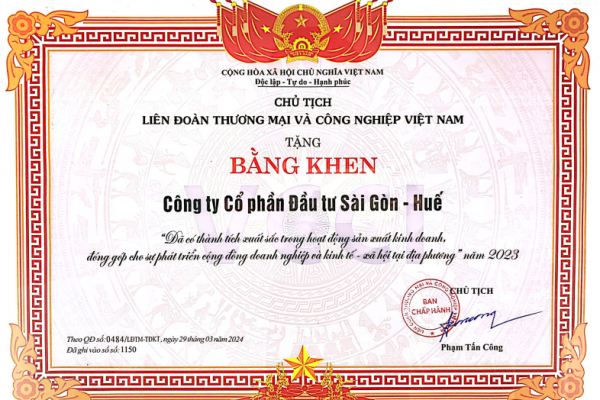 SGH nhận Bằng khen của Chủ tịch Liên đoàn Thương mại và Công nghiệp Việt Nam (VCCI)